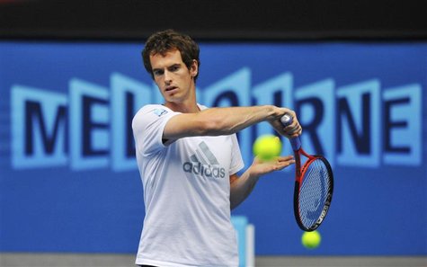 Andy Murray of Britain hits a return during a practice session at the Australian Open tennis tournament in Melbourne January 26, 2013. Murra Andy Murray of Britain hits a return during a practice session at the Australian Open tennis tournament in Melbourne January 26, 2013. Murra