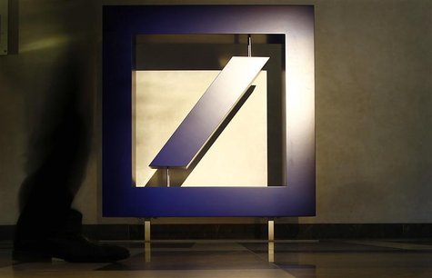 A visitor walks past the bank's logo prior to Deutsche Bank's annual news conference in Frankfurt February 2, 2012. REUTERS/Kai Pfaffenbach A visitor walks past the bank's logo prior to Deutsche Bank's annual news conference in Frankfurt February 2, 2012. REUTERS/Kai Pfaffenbach