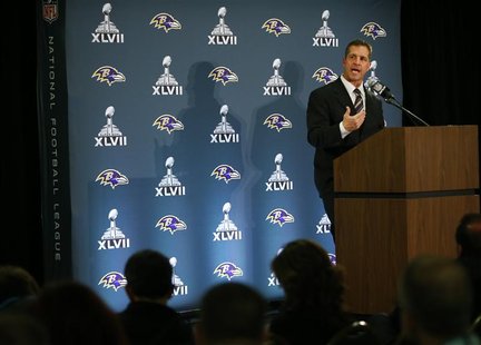 Baltimore Ravens head coach John Harbaugh speaks during a press conference after the team's arrival for the NFL's Super Bowl XLVII in New Or Baltimore Ravens head coach John Harbaugh speaks during a press conference after the team's arrival for the NFL's Super Bowl XLVII in New Or