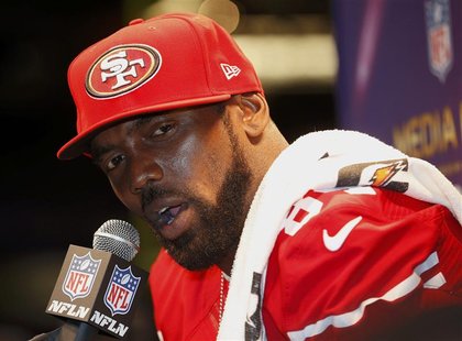 San Francisco 49ers wide receiver Randy Moss speaks during Media Day for the NFL's Super Bowl XLVII in New Orleans, Louisiana January 29, 20 San Francisco 49ers wide receiver Randy Moss speaks during Media Day for the NFL's Super Bowl XLVII in New Orleans, Louisiana January 29, 20