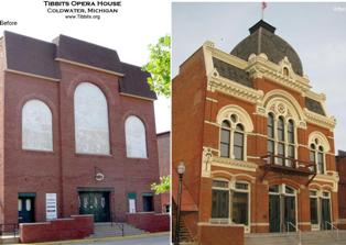 Tibbits Opera House facade-before and after restoration Tibbits Opera House facade-before and after restoration