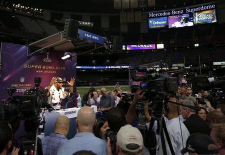 Baltimore Ravens inside linebacker Ray Lewis speaks to journalists during Media Day for the NFL's Super Bowl XLVII in New Orleans, Louisiana Baltimore Ravens inside linebacker Ray Lewis speaks to journalists during Media Day for the NFL's Super Bowl XLVII in New Orleans, Louisiana
