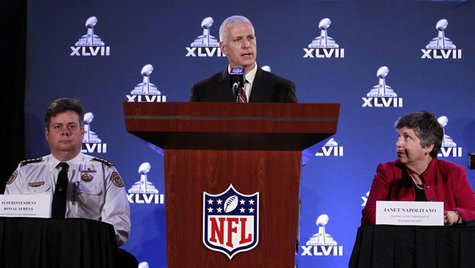 Jeffrey Miller (C), NFL's chief security officer, is joined by Janet Napolitano (R), U.S. secretary of homeland security, and Ronal Serpas, Jeffrey Miller (C), NFL's chief security officer, is joined by Janet Napolitano (R), U.S. secretary of homeland security, and Ronal Serpas,