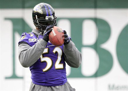 Baltimore Ravens inside linebacker Ray Lewis (52) warms up during a NFL Super Bowl XLVII football practice in New Orleans, Louisiana January Baltimore Ravens inside linebacker Ray Lewis (52) warms up during a NFL Super Bowl XLVII football practice in New Orleans, Louisiana January