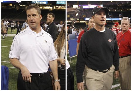 San Francisco 49ers head coach Jim Harbaugh (R) and Baltimore Ravens head coach John Harbaugh are shown in this combo photo as they arrive f San Francisco 49ers head coach Jim Harbaugh (R) and Baltimore Ravens head coach John Harbaugh are shown in this combo photo as they arrive f