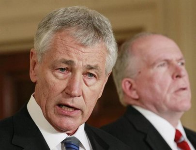 U.S. President Barack Obama's nominee for Secretary of Defense, former Senator Chuck Hagel (L), stands next to counterterrorism adviser John U.S. President Barack Obama's nominee for Secretary of Defense, former Senator Chuck Hagel (L), stands next to counterterrorism adviser John