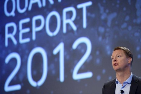 Ericsson's Chief Executive Hans Vestberg speaks during a news conference at the company's headquarters in Stockholm, in this picture taken b Ericsson's Chief Executive Hans Vestberg speaks during a news conference at the company's headquarters in Stockholm, in this picture taken b