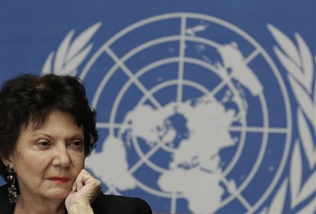 Christine Chanet, Head of a United Nations human rights Inquiry Commission pauses during a news conference in Geneva January 31, 2013. REUTE Christine Chanet, Head of a United Nations human rights Inquiry Commission pauses during a news conference in Geneva January 31, 2013. REUTE