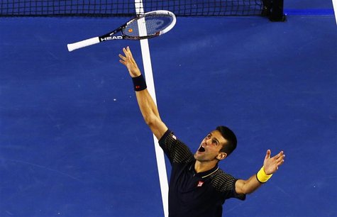 Novak Djokovic of Serbia celebrates defeating Andy Murray of Britain in their men's singles final match at the Australian Open tennis tourna Novak Djokovic of Serbia celebrates defeating Andy Murray of Britain in their men's singles final match at the Australian Open tennis tourna