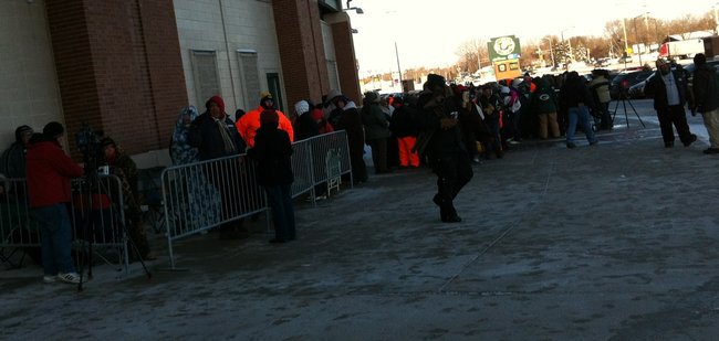 Standing in line in sub-zero temperatures outside the Lambeau Field Ticket Office on 2/1/13 for Donald Driver retirement ceremony tickets. 1,000 where available and not all in line got tickets.