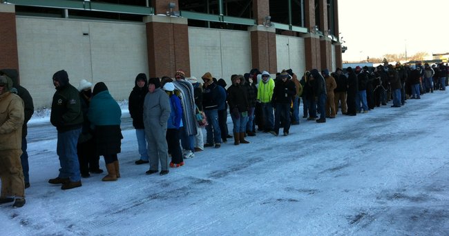 Standing in line in sub-zero temperatures outside the Lambeau Field Ticket Office on 2/1/13 for Donald Driver retirement ceremony tickets. 1,000 where available and not all in line got tickets.
