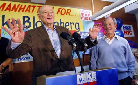 Former Mayor Ed Koch (L) introduces current Mayor Michael Bloomberg as he opens his Manhattan campaign office and kicks off his bid for re-e Former Mayor Ed Koch (L) introduces current Mayor Michael Bloomberg as he opens his Manhattan campaign office and kicks off his bid for re-e