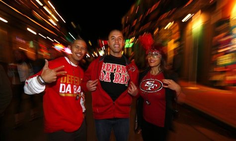 San Francisco 49ers fans celebrate on Bourbon Street in the French Quarter during Super Bowl week in New Orleans, January 31, 2013. Super Bo San Francisco 49ers fans celebrate on Bourbon Street in the French Quarter during Super Bowl week in New Orleans, January 31, 2013. Super Bo
