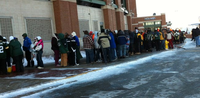 Standing in line in sub-zero temperatures outside the Lambeau Field Ticket Office on 2/1/13 for Donald Driver retirement ceremony tickets. 1,000 where available and not all in line got tickets.