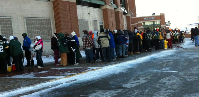 Standing in line in sub-zero temperatures outside the Lambeau Field Ticket Office on 2/1/13 for Donald Driver retirement ceremony tickets. 1,000 where available and not all in line got tickets.