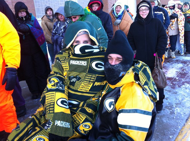 Standing in line in sub-zero temperatures outside the Lambeau Field Ticket Office on 2/1/13 for Donald Driver retirement ceremony tickets. 1,000 where available and not all in line got tickets.