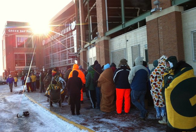 Standing in line in sub-zero temperatures outside the Lambeau Field Ticket Office on 2/1/13 for Donald Driver retirement ceremony tickets.  1,000 where available and not all in line got tickets.