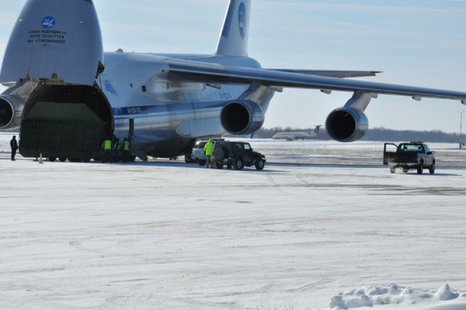 One of the world's largest planes landed at Austin Straubel International Airport Saturday morning. The Russian-made Antonov 124 delivered a part for the USS Milwaukee under construction at Marinette Marine. (Credit: WLUK/Kelly Schlicht) One of the world's largest planes landed at Austin Straubel International Airport Saturday morning. The Russian-made Antonov 124 delivered a part for the USS Milwaukee under construction at Marinette Marine. (Credit: WLUK/Kelly Schlicht)
