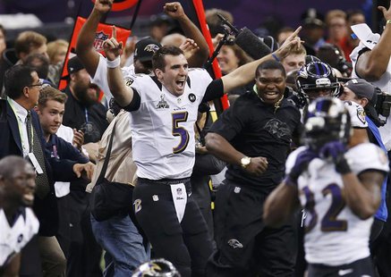 Baltimore Ravens quarterback Joe Flacco celebrates as the Ravens defeat the San Francisco 49ers to win the NFL Super Bowl XLVII football gam Baltimore Ravens quarterback Joe Flacco celebrates as the Ravens defeat the San Francisco 49ers to win the NFL Super Bowl XLVII football gam