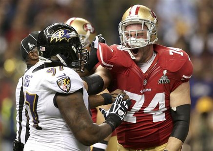 San Francisco 49ers tackle Joe Staley (74) battles Baltimore Ravens defensive end Arthur Jones (97) after the play during the first quarter San Francisco 49ers tackle Joe Staley (74) battles Baltimore Ravens defensive end Arthur Jones (97) after the play during the first quarter