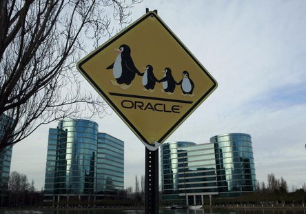 A sign is shown at the headquarters of Oracle Corporation in Redwood City, California February 2, 2010. Picture taken February 2, 2010. REUT A sign is shown at the headquarters of Oracle Corporation in Redwood City, California February 2, 2010. Picture taken February 2, 2010. REUT