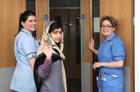 Pakistani schoolgirl Malala Yousufzai (C) waves with nurses as she is discharged from The Queen Elizabeth Hospital in Birmingham in this han Pakistani schoolgirl Malala Yousufzai (C) waves with nurses as she is discharged from The Queen Elizabeth Hospital in Birmingham in this han