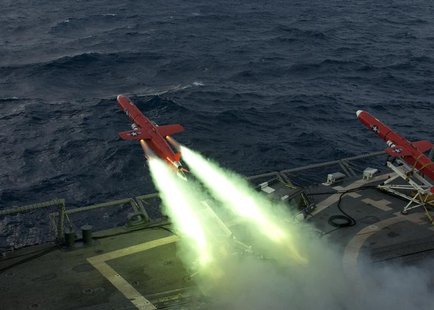 A U.S. Navy BQM-74E drone launches from the flight deck of the guided missile frigate USS Underwood (FFG 36) during a live fire exercise in A U.S. Navy BQM-74E drone launches from the flight deck of the guided missile frigate USS Underwood (FFG 36) during a live fire exercise in