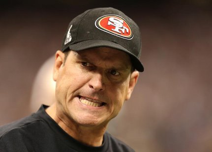 San Francisco 49ers head coach Jim Harbaugh reacts on the sidelines during the fourth quarter in the NFL Super Bowl XLVII football game agai San Francisco 49ers head coach Jim Harbaugh reacts on the sidelines during the fourth quarter in the NFL Super Bowl XLVII football game agai
