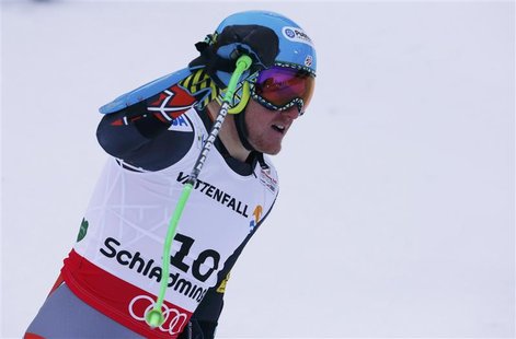 Ted Ligety of the U.S. reacts after his men's Super G race at the World Alpine Skiing Championships in Schladming February 6, 2013. REUTERS/ Ted Ligety of the U.S. reacts after his men's Super G race at the World Alpine Skiing Championships in Schladming February 6, 2013. REUTERS/