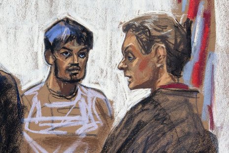 A courtroom sketch shows Quazi Mohammad Rezwanul Ahsan Nafis (L) being arraigned in the United States District Court of the Eastern District A courtroom sketch shows Quazi Mohammad Rezwanul Ahsan Nafis (L) being arraigned in the United States District Court of the Eastern District