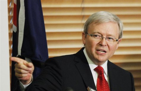 Australia's former Prime Minister Kevin Rudd reacts during a news conference at Parliament House in Canberra February 27, 2012. REUTERS/Dani Australia's former Prime Minister Kevin Rudd reacts during a news conference at Parliament House in Canberra February 27, 2012. REUTERS/Dani