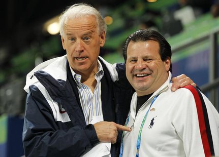 Vice President Joe Biden stands with 1980 Miracle on Ice legend Mike Eruzione at the women's U.S. vs. China hockey game at the Vancouver 201 Vice President Joe Biden stands with 1980 Miracle on Ice legend Mike Eruzione at the women's U.S. vs. China hockey game at the Vancouver 201