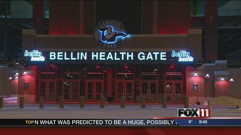 Lights turn red at the Bellin Health Gate at Lambeau Field on February 8, 2013. (courtesy of FOX 11). Lights turn red at the Bellin Health Gate at Lambeau Field on February 8, 2013. (courtesy of FOX 11).