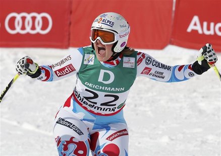Marion Rolland of France reacts during the women's Downhill race at the World Alpine Skiing Championships in Schladming February 10, 2013. R Marion Rolland of France reacts during the women's Downhill race at the World Alpine Skiing Championships in Schladming February 10, 2013. R