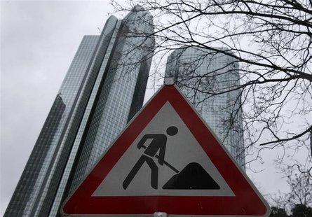 The headquarters of Germany's largest business bank, Deutsche Bank are seen behind a construction site warning sign in Frankfurt, January 30 The headquarters of Germany's largest business bank, Deutsche Bank are seen behind a construction site warning sign in Frankfurt, January 30