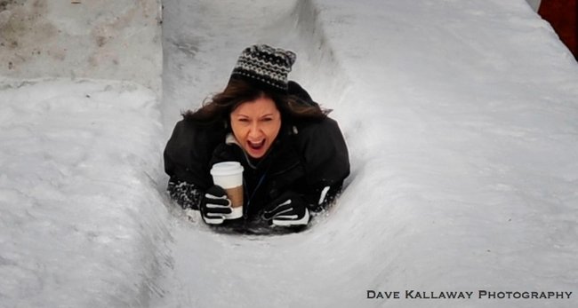 Stacy Cole testing the snow slide...at least she had her coffee..LOL