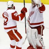 Detroit Red Wings' goalie Jimmy Howard (R) and Jonathan Ericsson celebrate their team's win. REUTERS/Joshua Lott Detroit Red Wings' goalie Jimmy Howard (R) and Jonathan Ericsson celebrate their team's win. REUTERS/Joshua Lott