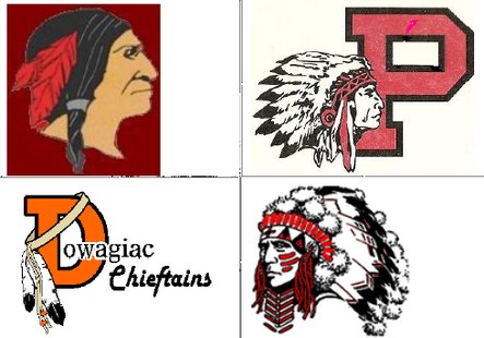 From top left to bottom right, Takonsha Indians, Paw Paw Redskins, Dowagiac Chieftains, White Pigeon Chiefs From top left to bottom right, Takonsha Indians, Paw Paw Redskins, Dowagiac Chieftains, White Pigeon Chiefs