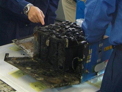The burnt auxiliary power unit battery, removed from an All Nippon Airways' (ANA) Boeing Co 787 Dreamliner plane which made an emergency lan The burnt auxiliary power unit battery, removed from an All Nippon Airways' (ANA) Boeing Co 787 Dreamliner plane which made an emergency lan