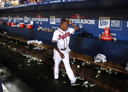 Atlanta Braves' Michael Bourn leaves the dugout at the end of their MLB National League Wild Card playoff baseball game against the St. Loui Atlanta Braves' Michael Bourn leaves the dugout at the end of their MLB National League Wild Card playoff baseball game against the St. Loui