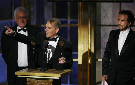 Lenny Davidson (C), Rick Huxley and Dave Clark (R), members of The Dave Clark Five, accept their awards during the 23rd annual Rock and Roll Lenny Davidson (C), Rick Huxley and Dave Clark (R), members of The Dave Clark Five, accept their awards during the 23rd annual Rock and Roll