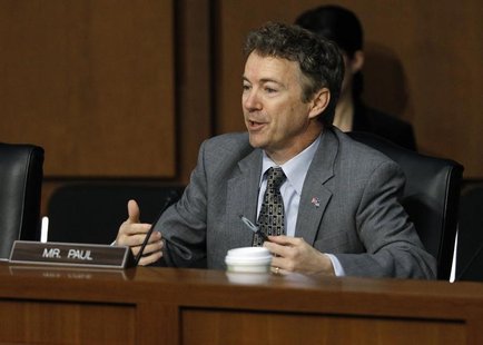 U.S. Senator Rand Paul (R-KY) questions Senator John Kerry (Not Pictured) during a Senate Foreign Relations Committee confirmation hearing o U.S. Senator Rand Paul (R-KY) questions Senator John Kerry (Not Pictured) during a Senate Foreign Relations Committee confirmation hearing o
