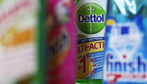 Products produced by Reckitt Benckiser; Harpic, Vanish, Dettol and Finish, are seen in London February 12, 2008. REUTERS/Stephen Hird Products produced by Reckitt Benckiser; Harpic, Vanish, Dettol and Finish, are seen in London February 12, 2008. REUTERS/Stephen Hird