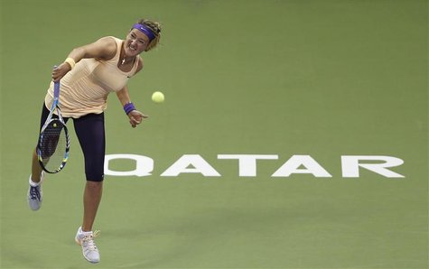 Victoria Azarenka of Belarus serves the ball to Romina Oprandi of Switzerland during their women's match at the Qatar Open tennis tournament Victoria Azarenka of Belarus serves the ball to Romina Oprandi of Switzerland during their women's match at the Qatar Open tennis tournament
