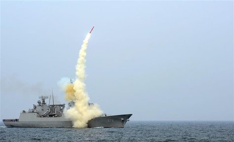 A South Korean navy destroyer launches an indigenous cruise missile during a drill at an undisclosed location in this picture released by th A South Korean navy destroyer launches an indigenous cruise missile during a drill at an undisclosed location in this picture released by th