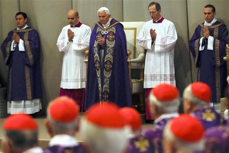 Pope Benedict XVI attends Ash Wednesday mass at the Vatican February 13, 2013. Thousands of people are expected to gather in the Vatican for Pope Benedict XVI attends Ash Wednesday mass at the Vatican February 13, 2013. Thousands of people are expected to gather in the Vatican for