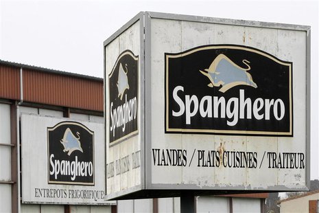 Signs with the Spanghero logo are seen at their head office in Castelnaudary, Southwestern France, February 14, 2013. REUTERS/Jean-Philippe Signs with the Spanghero logo are seen at their head office in Castelnaudary, Southwestern France, February 14, 2013. REUTERS/Jean-Philippe