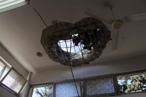 An opening in the ceiling of a room caused by shelling is seen at a building where patients of lbn Khaldoun psychiatric hospital were transf An opening in the ceiling of a room caused by shelling is seen at a building where patients of lbn Khaldoun psychiatric hospital were transf