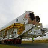 Orbital Sciences Corporation's Antares rocket rolls out to the launch pad at NASA?s Wallops Flight Facility on Wallops Island, Virginia Octo
