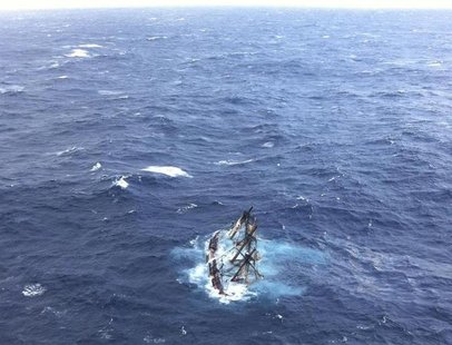 The HMS Bounty, a 180-foot sailboat, is shown submerged in the Atlantic Ocean during Hurricane Sandy approximately 90 miles southeast of Hat The HMS Bounty, a 180-foot sailboat, is shown submerged in the Atlantic Ocean during Hurricane Sandy approximately 90 miles southeast of Hat